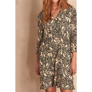 Maison 123 Paris Calypso Dress Black Cream Ikat Floral Metallic V-Neck EU 38
Med